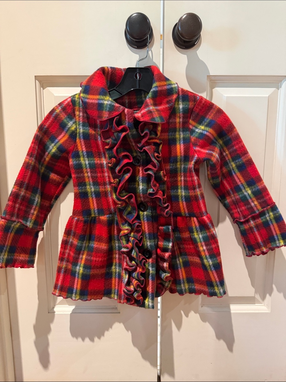 Girls Red Plaid Ruffle Pea Coat - Classic Holiday Style